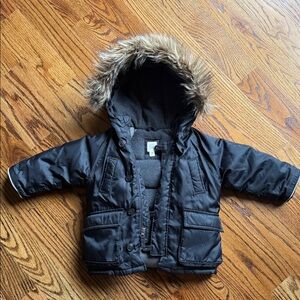 GAP Black Puffer Jacket with Faux Fur Hood